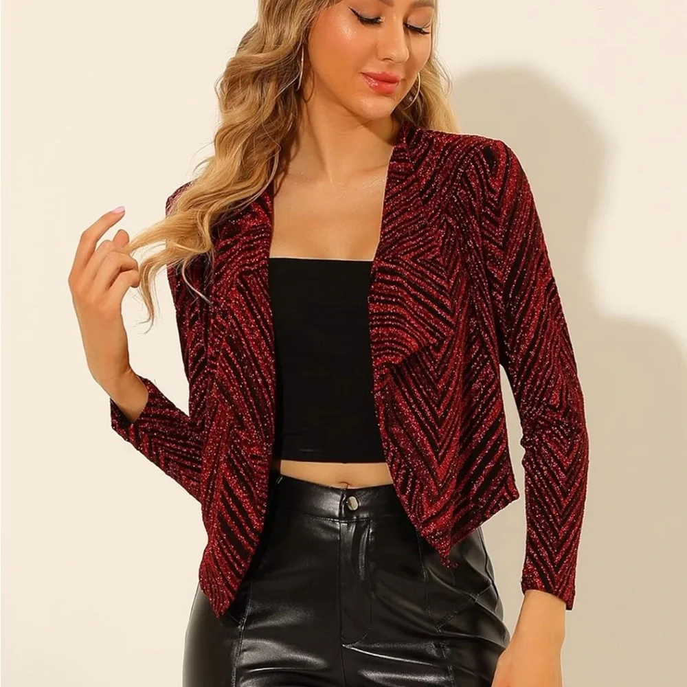 Allegra K Red & Black Sparkly Stripe Holiday Open Waterfall Cardigan NWOT - Picture 2 of 15